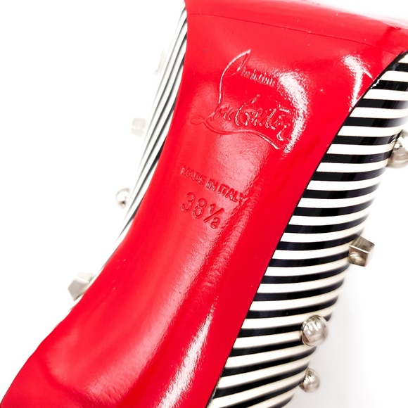 Christian Louboutin Black White Striped Patent Leather Studded Heels EU 38.5 - Picture 7 of 8